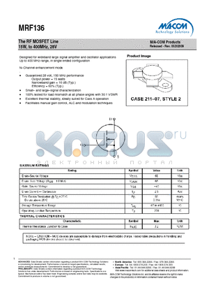 MRF136 datasheet - The RF MOSFET Line 15W, to 400MHz, 28V