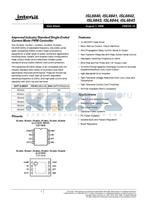 ISL6841IB datasheet - Improved Industry Standard Single-Ended Current Mode PWM Controller