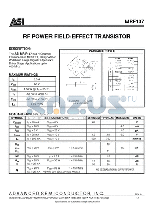 MRF137 datasheet - RF POWER FIELD-EFFECT TRANSISTOR