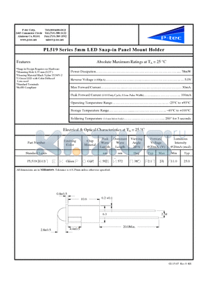 PL519-1G13 datasheet - 5mm LED Snap-in Panel Mount Holder
