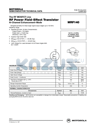 MRF140 datasheet - N-CHANNEL MOS LINEAR RF POWER FET