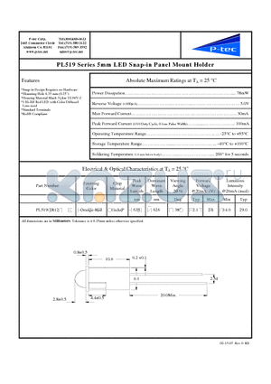 PL519-1R12 datasheet - 5mm LED Snap-in Panel Mount Holder