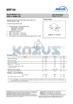 MRF140 datasheet - The RF MOSFET Line 150W, to 150MHz, 28V