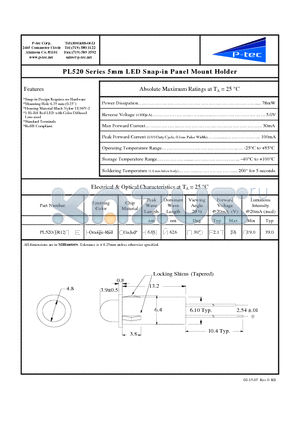 PL520-1R12 datasheet - 5mm LED Snap-in Panel Mount Holder