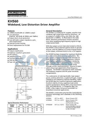 KH560 datasheet - Wideband, Low Distortion Driver Amplifier