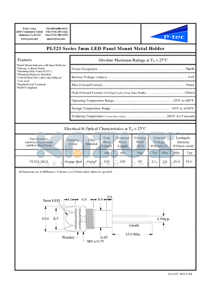 PL523-1R12 datasheet - 5mm LED Panel Mount Metal Holder