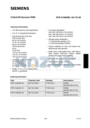 HYB514800BJ-60 datasheet - 512kx8-Bit Dynamic RAM