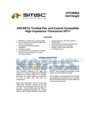HYC9088A datasheet - ARCNET TWISTED PAIR AND COAXIAL COMPLATIBLE HIGH IMPEDANCE TRANSCEIVER HIT