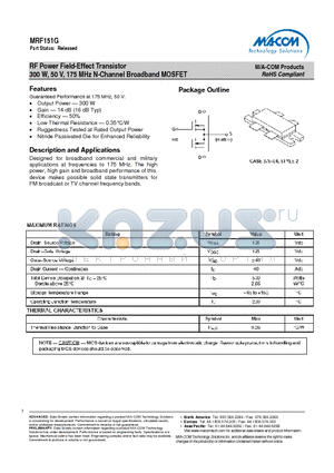 MRF151G datasheet - RF Power Field-Effect Transistor 300 W, 50 V, 175 MHz N-Channel Broadband MOSFET