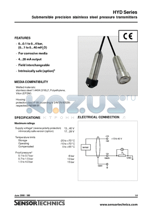 HYD0X1G4CXSE datasheet - Submersible precision stainless steel pressure transmitters