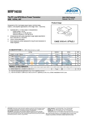 MRF16030 datasheet - The RF Line NPN Silicon Power Transistor 30W, 1.6GHz, 28V