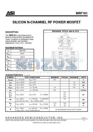 MRF161 datasheet - SILICON N-CHANNEL RF POWER MOSFET