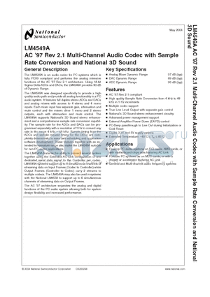 LM4549A datasheet - AC 97 Rev 2.1 Codec with Sample Rate Conversion and National 3D Sound