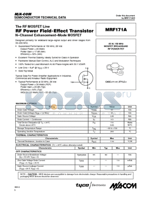MRF171A datasheet - MOSFET BROADBAND RF POWER FET