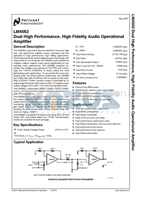 LM4562 datasheet - Dual High Performance, High Fidelity Audio Operational Amplifier