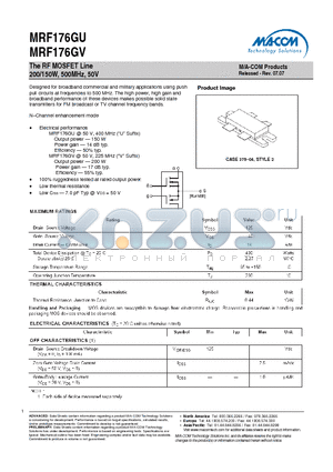 MRF176GV datasheet - The RF MOSFET Line 200/150W, 500MHz, 50V