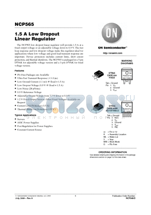 NCP565D2T datasheet - 1.5 A Low Dropout Linear Regulator
