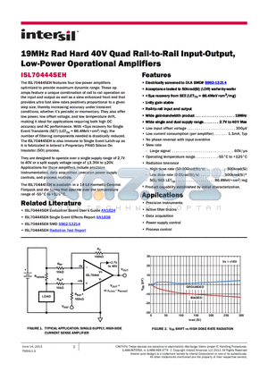 ISL70444SEH datasheet - 19MHz Rad Hard 40V Quad Rail-to-Rail Input-Output, Low-Power Operational Amplifiers