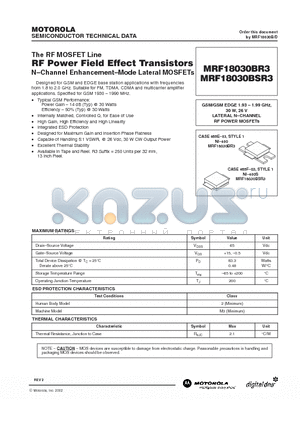 MRF1803BR3 datasheet - THE RF MOSFET LINE RF POWER FIELD EFFECT TRANSISTORS N - CHANNEL ENHANCEMENT - MODE LATERAL MOSFETS