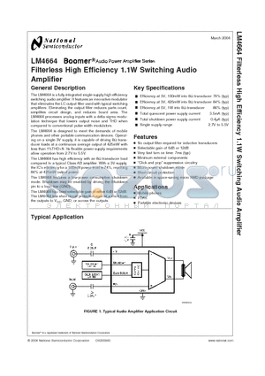 LM4664 datasheet - Filterless High Efficiency 1.1W Switching Audio Amplifier