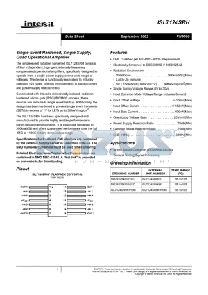 ISL7124SRH datasheet - Single-Event Hardened, Single Supply, Quad Operational Amplifier