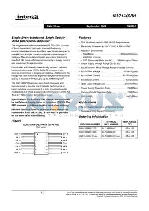 ISL7124SRHVF datasheet - Single-Event Hardened, Single Supply, Quad Operational Amplifier