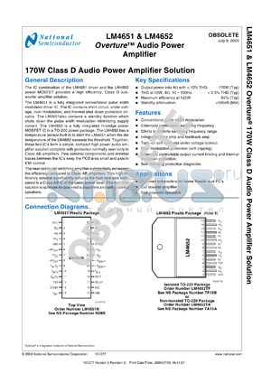 LM4652TA datasheet - 170W Class D Audio Power Amplifier Solution
