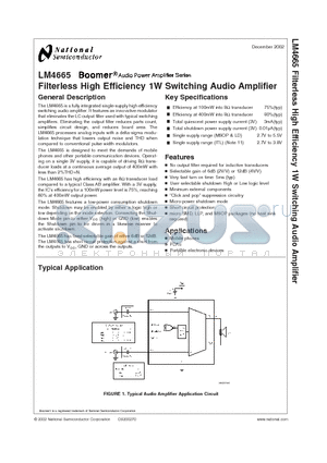 LM4665ITLX datasheet - Filterless High Efficiency 1W Switching Audio Amplifier