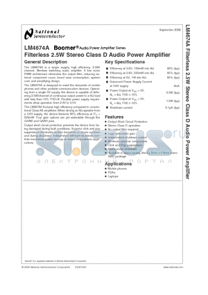 LM4674ATL datasheet - Filterless 2.5W Stereo Class D Audio Power Amplifier