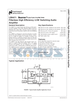 LM4671 datasheet - Filterless High Efficiency 2.5W Switching Audio Amplifier