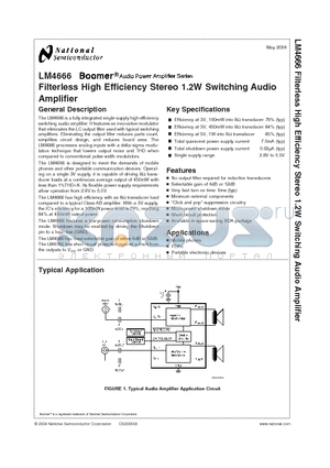 LM4666 datasheet - Filterless High Efficiency Stereo 1.2W Switching Audio Amplifier