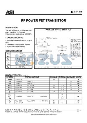 MRF182 datasheet - RF POWER FET TRANSISTOR