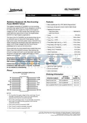 ISL74422BRHQF datasheet - Radiation Hardened, 9A, Non-Inverting Power MOSFET Driver