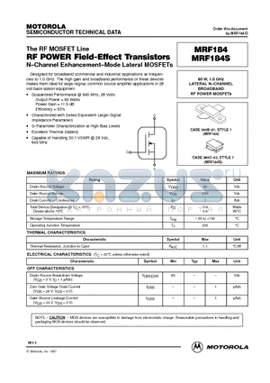 MRF184 datasheet - LATERAL N-CHANNEL BROADBAND RF POWER MOSFETs