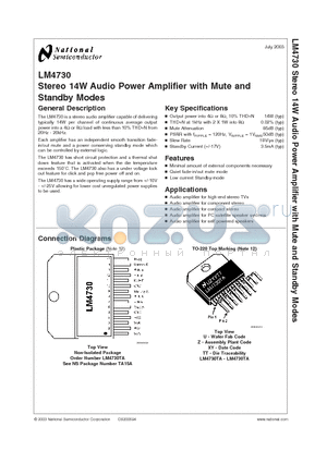 LM4730 datasheet - Stereo 14W Audio Power Amplifier with Mute and Standby Modes