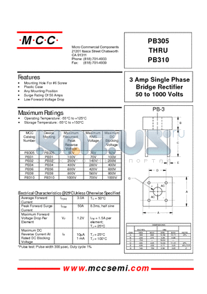 PB31 datasheet - 3 Amp Single Phase Bridge Rectifier 50 to 1000 Volts