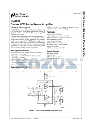LM4752 datasheet - Stereo 11W Audio Power Amplifier