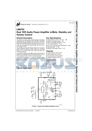 LM4753 datasheet - Dual 10W Audio Power Amplifier w/Mute, Standby and Volume Control