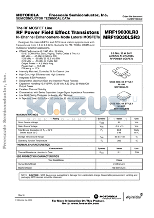 MRF19030LSR3 datasheet - The RF MOSFET Line RF Power Field Effect Transistors N-Channel Enhancement-Mode Lateral MOSFETs