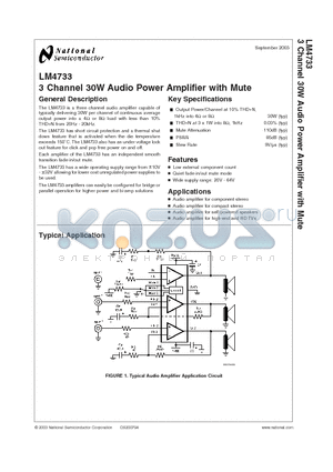 LM4733 datasheet - 3 Channel 30W Audio Power Amplifier with Mute