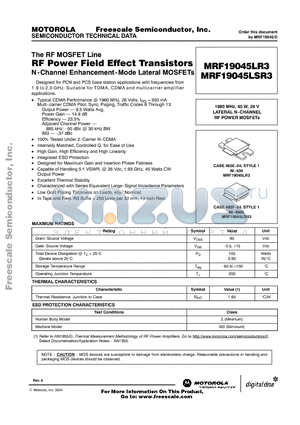 MRF19045LSR3 datasheet - RF Power Field Effect Transistors N-Channel Enhancement-Mode Lateral MOSFETs