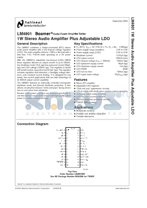 LM4801 datasheet - 1W Stereo Audio Amplifier Plus Adjustable LDO