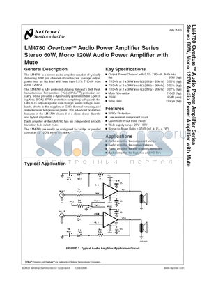 LM4780 datasheet - Audio Power Amplifier Series Stereo 60W, Mono 120W Audio Power Amplifier with Mute