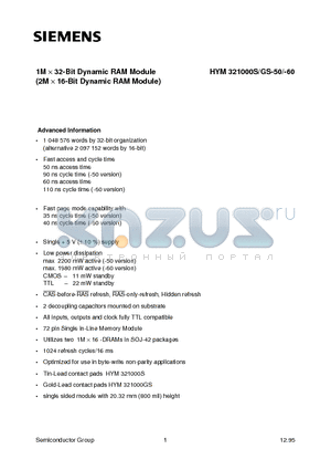 HYM321000GS-50 datasheet - 1M x 32-Bit Dynamic RAM Module 2M x 16-Bit Dynamic RAM Module