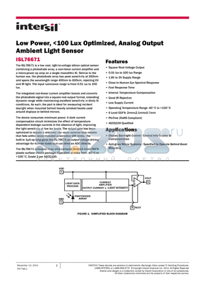 ISL76671 datasheet - Low Power, <100 Lux Optimized, Analog Output Ambient Light Sensor