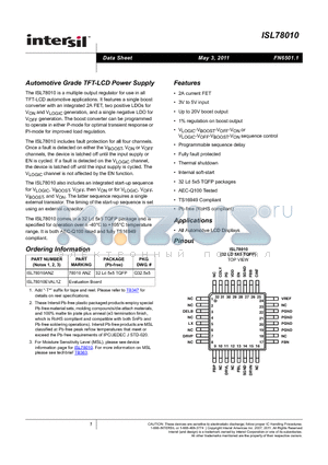 ISL78010ANZ datasheet - Automotive Grade TFT-LCD Power Supply