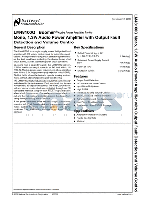 LM48100Q datasheet - Mono, 1.3W Audio Power Amplifier with Output Fault Detection and Volume Control
