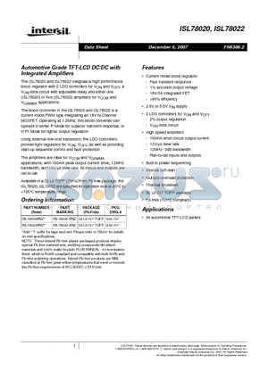 ISL78020 datasheet - Automotive Grade TFT-LCD DC/DC with Integrated Amplifiers