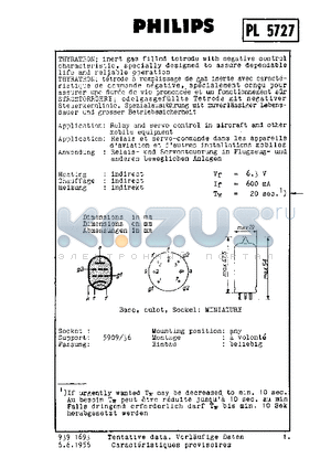 PL5727 datasheet - INERT GAS FILLED TETRODE WITH NEGATIVE CONTROL