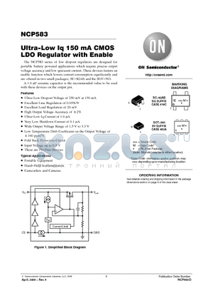 NCP583 datasheet - Ultra−Low Iq 150 mA CMOS LDO Regulator with Enable
